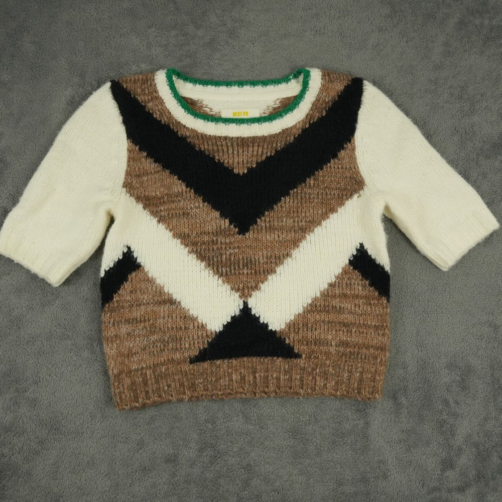 Maeve Anthropologie Shrunken Short Sleeve Sweater Women XXS‎ Brown Chevron Boho